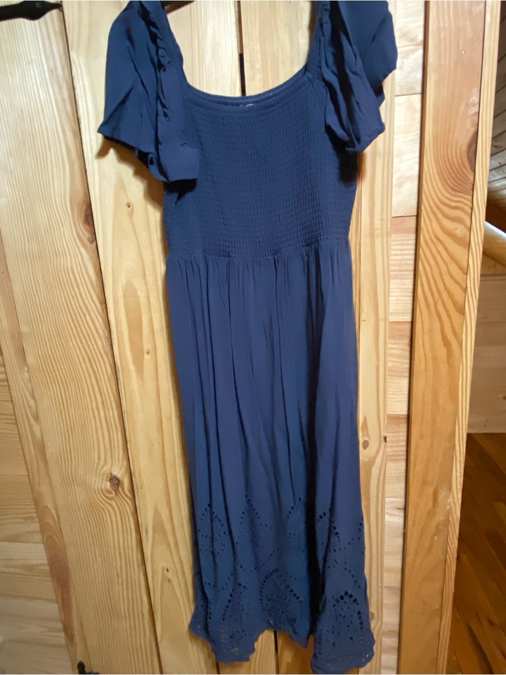 Maurices Navy Smocked Midi Dress with Eyelet Hem